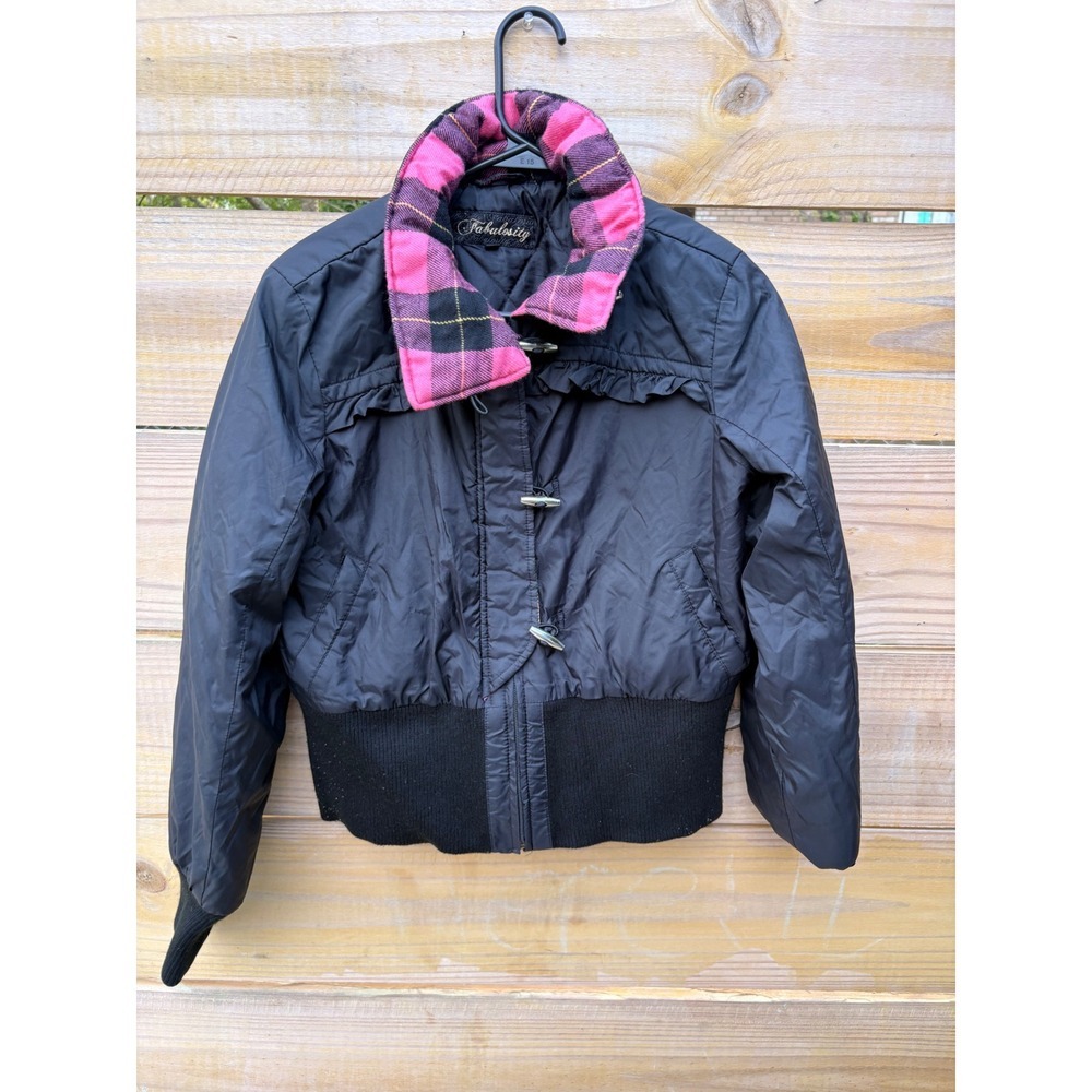 Fabulosity Kimora Lee Simmons Black Bomber Jacket Plaid Collar Ruffle Trim L
